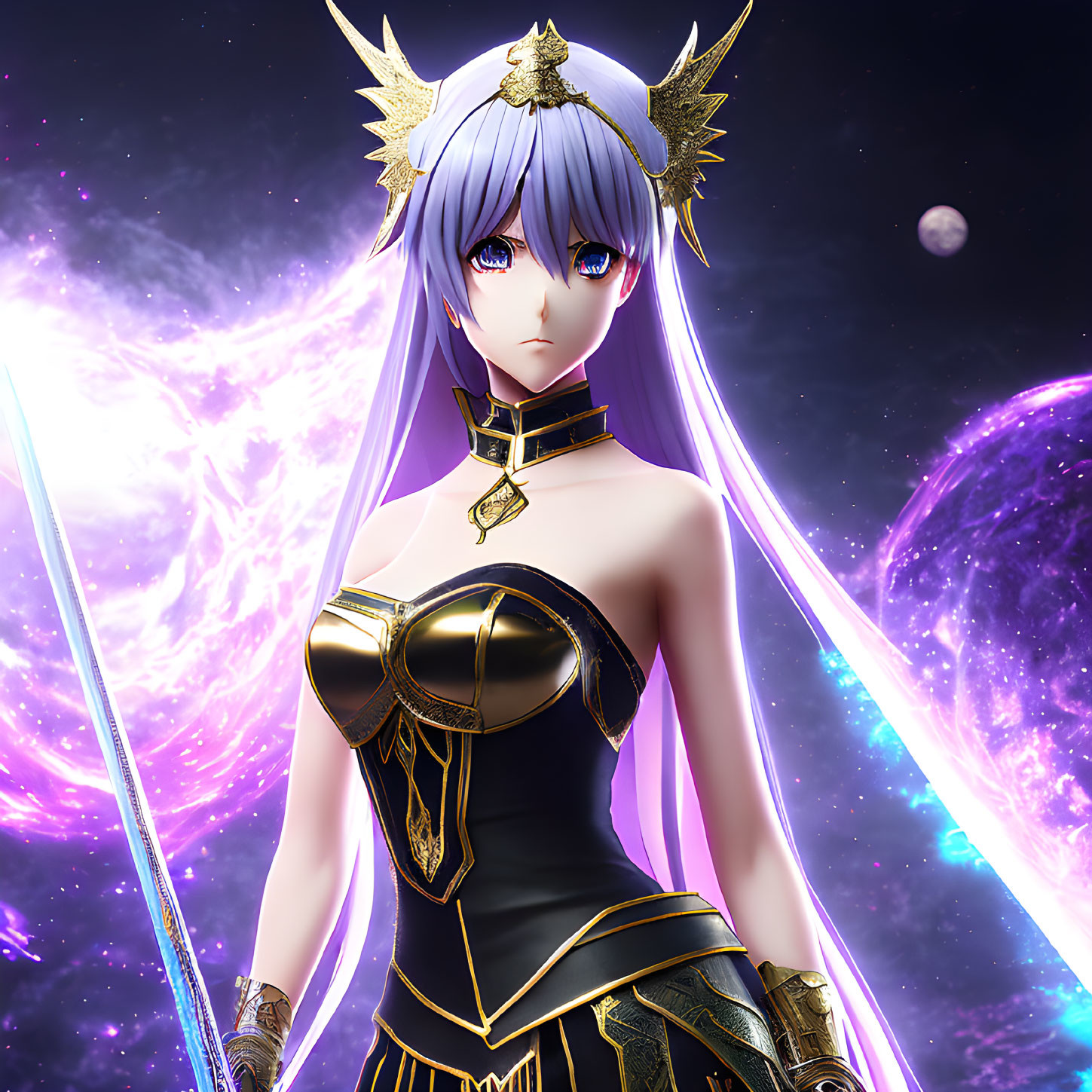 Blue-haired female anime character with golden crown and sword in black and gold outfit against cosmic backdrop with stars