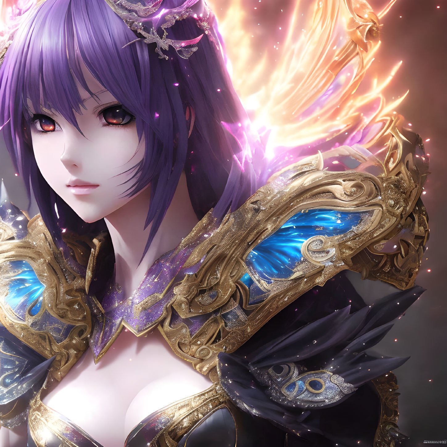 Purple-haired female character in golden armor with fiery wings and purple eyes.