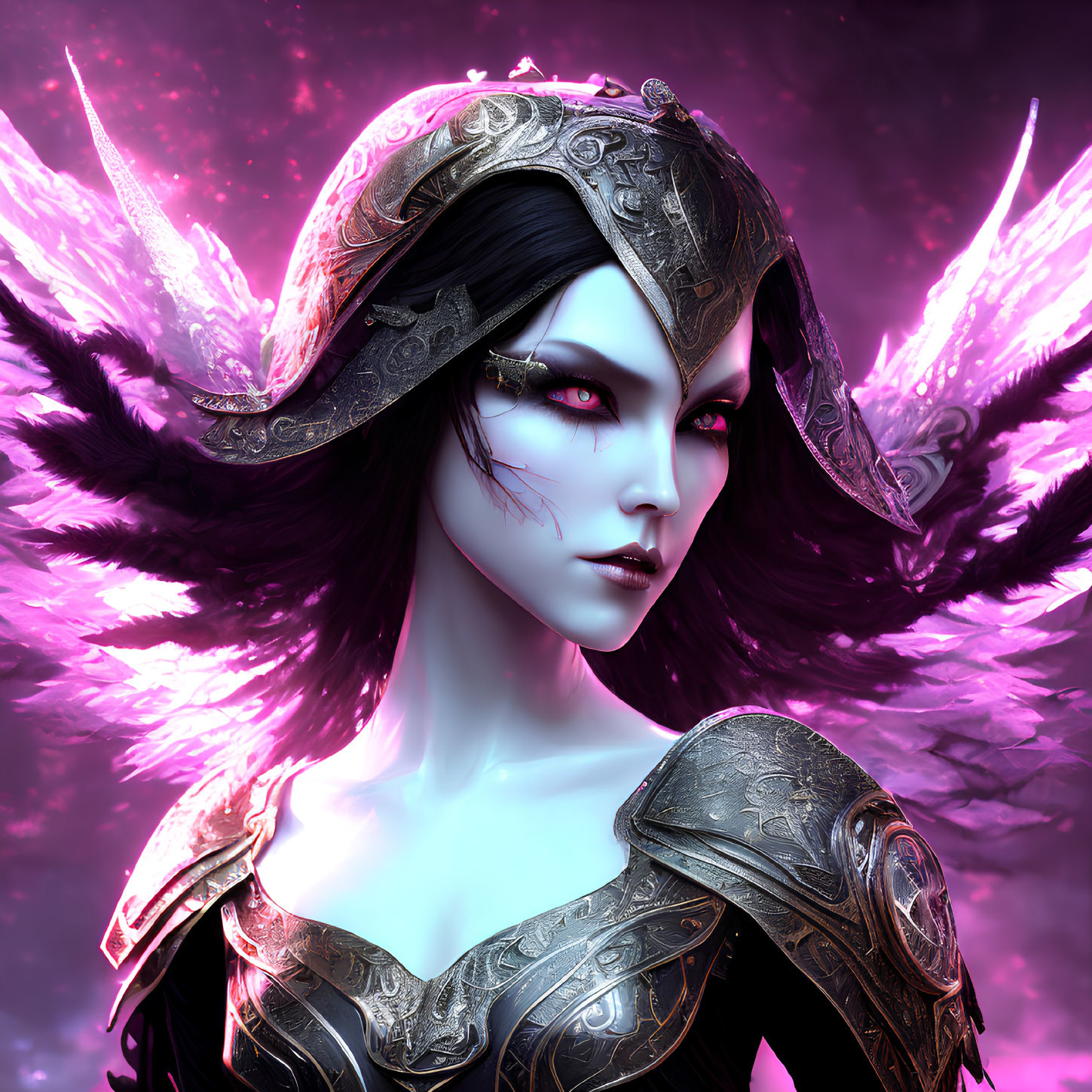 Fantasy female character with pink glowing eyes and feathered wings in metallic armor on magenta background