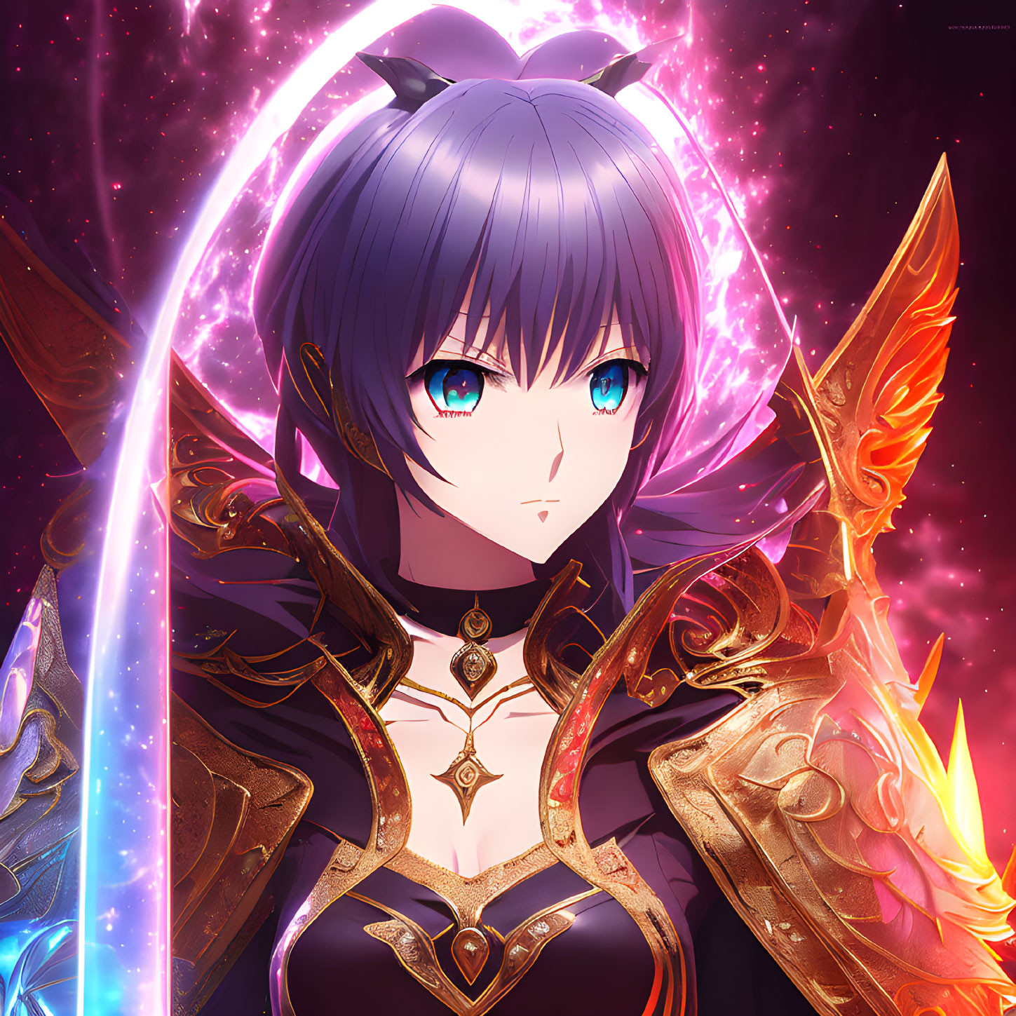 Blue-eyed anime character in red and black armor against cosmic background