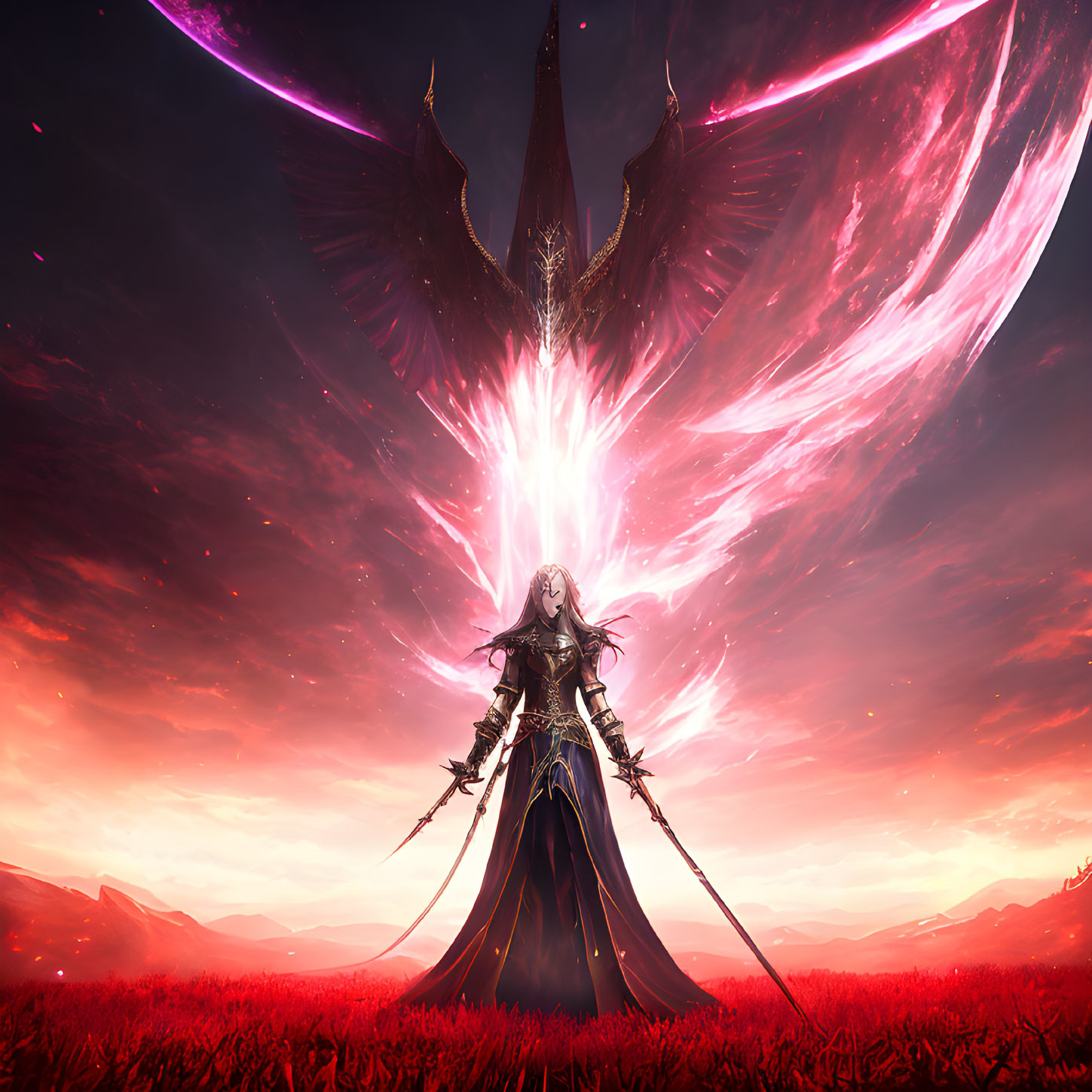 Dark-armored figure in crimson field with glowing winged creature