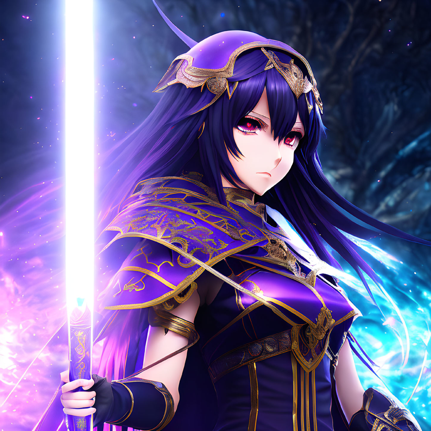 Blue-haired anime character in golden armor wields purple lightsaber