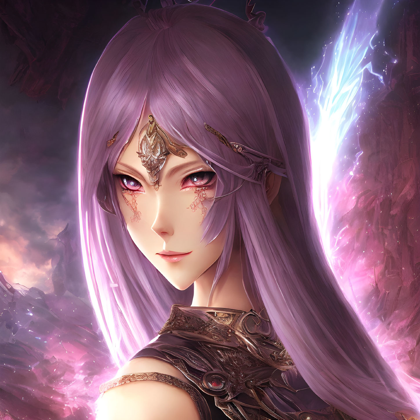 Fantasy female character with purple hair, ornate crown, and mystical  energy. | Deep Dream Generator