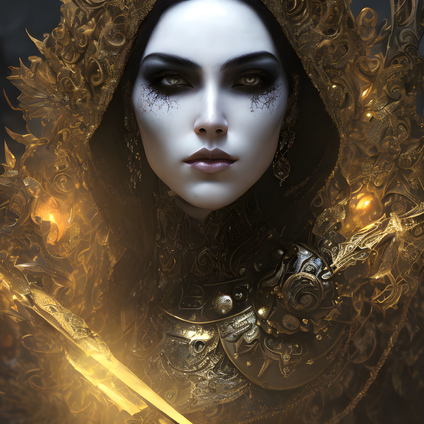 Woman with dramatic makeup and glowing sword in ornate gold armor