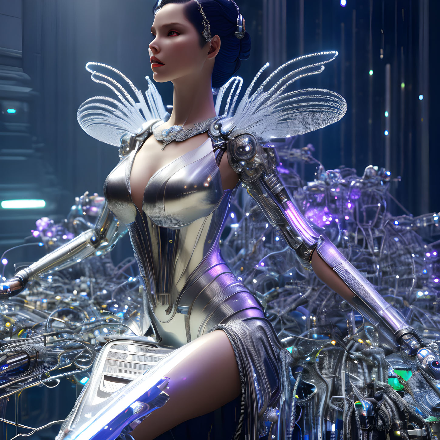 Futuristic female android with wing-like structures on metallic body