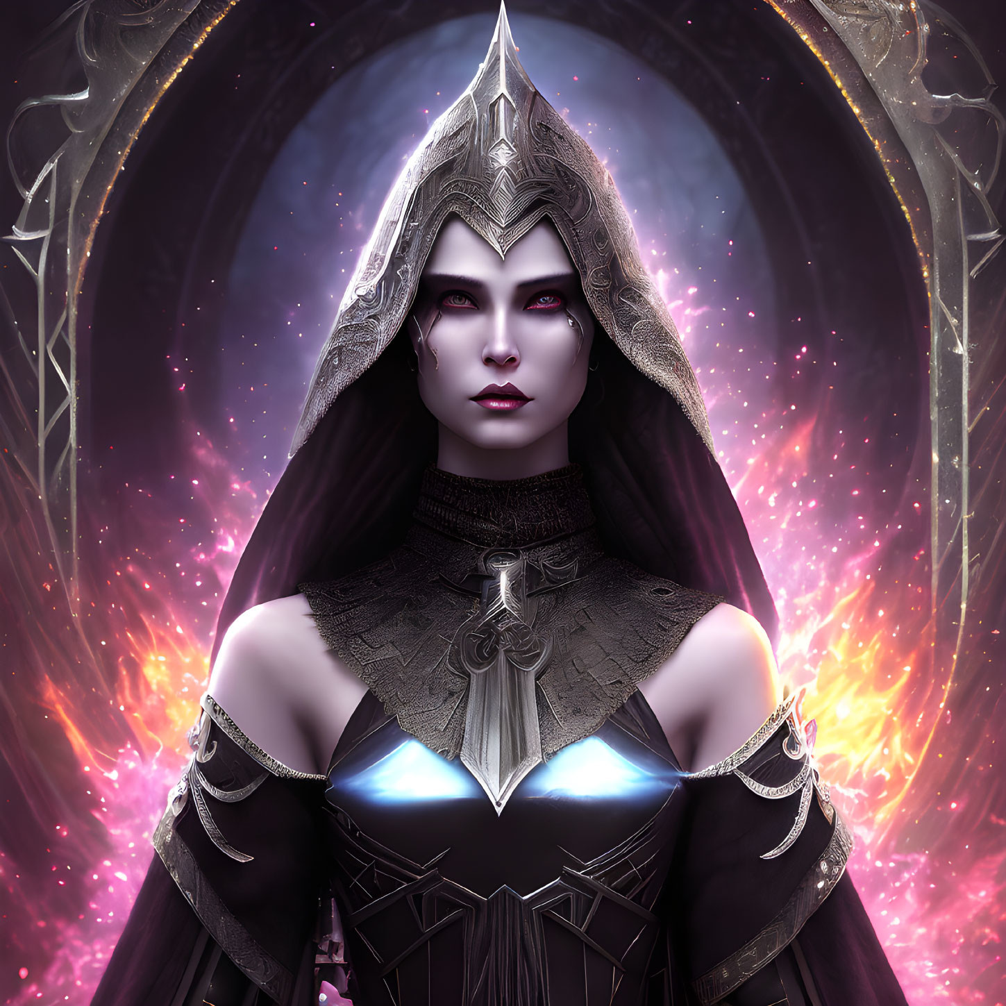 Purple-skinned fantasy character in black and silver armor against cosmic swirls.