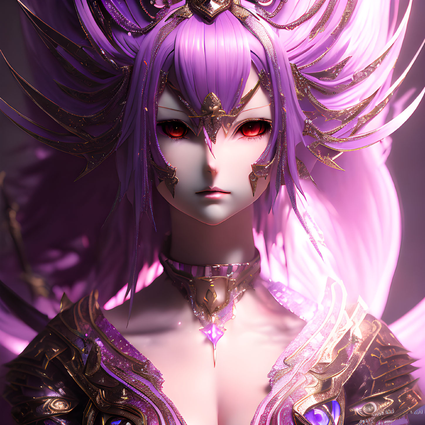 Illustration of female character with purple hair, red eyes, gold and purple fantasy armor, and decorative