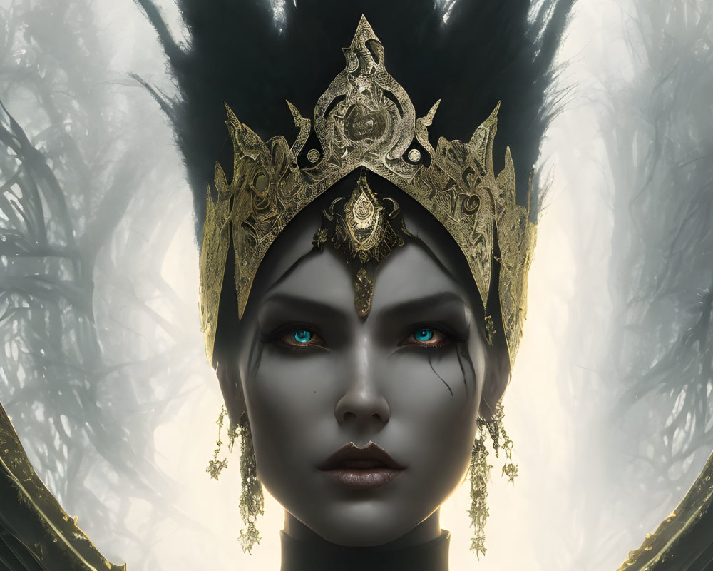 Digital portrait of individual with blue eyes, dark skin, golden crown, and forest backdrop