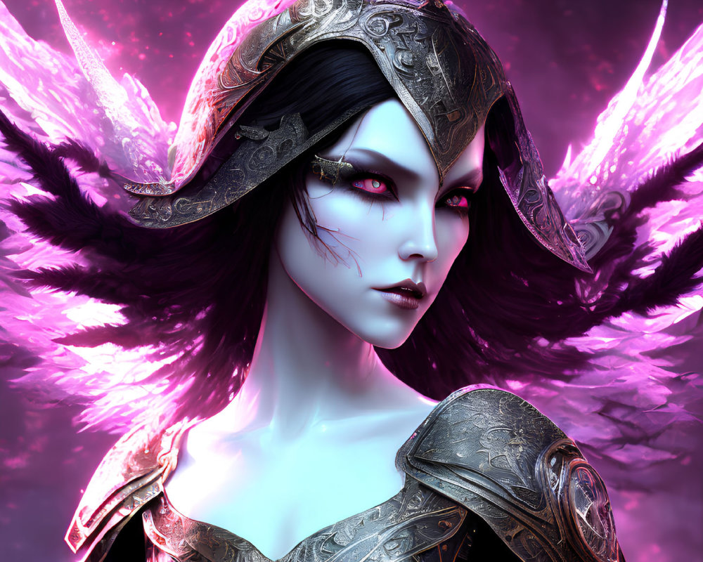 Fantasy female character with pink glowing eyes and feathered wings in metallic armor on magenta background