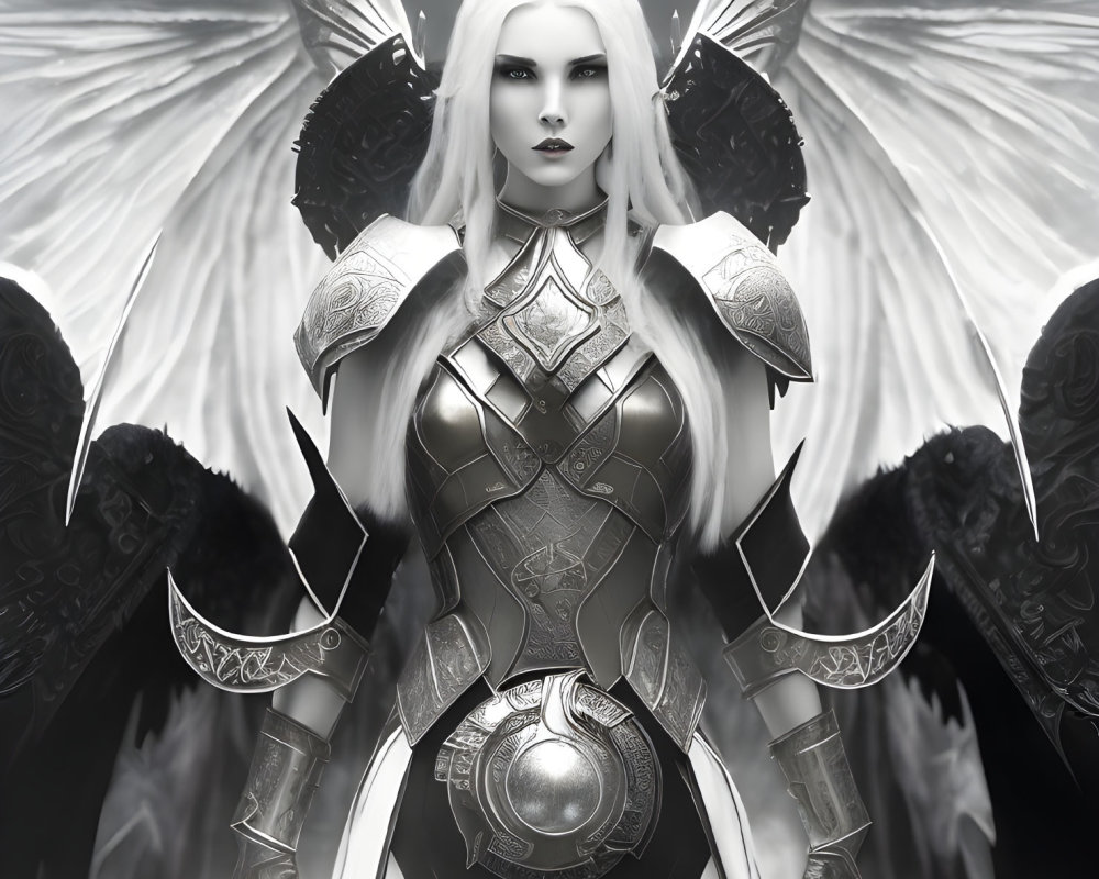 Monochrome fantasy warrior woman with white hair and angelic wings