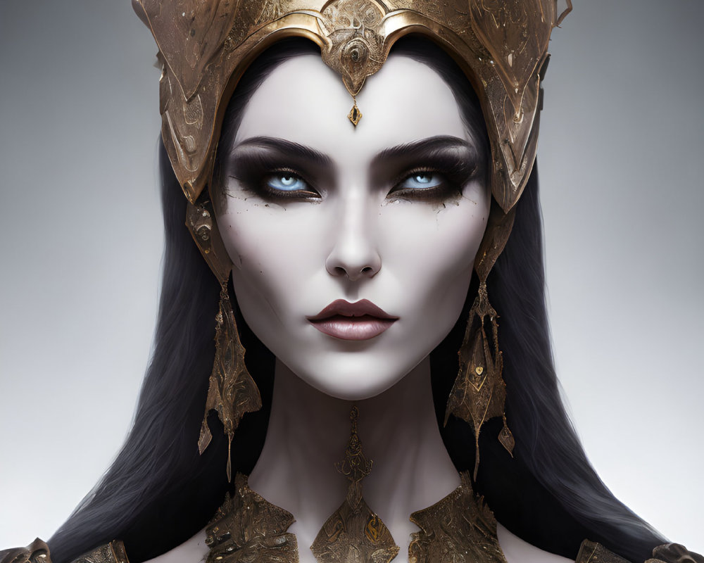 Regal female character with blue eyes in golden crown and armor