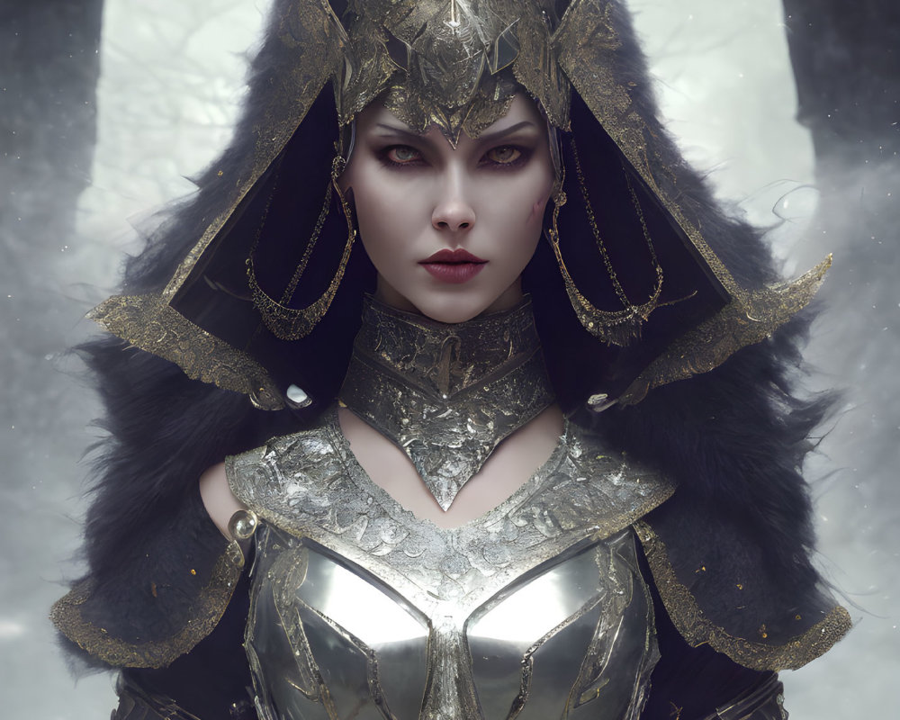 Majestic woman in golden armor with crown in mystical forest