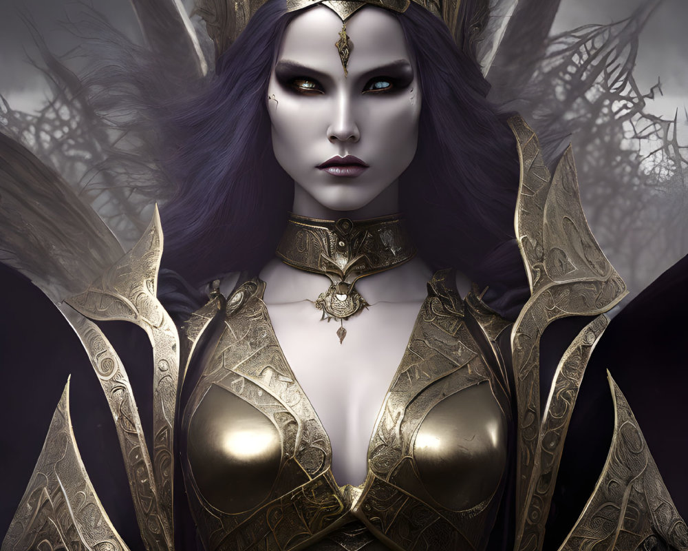 Purple-skinned fantasy figure in golden armor with intricate headdress and yellow eyes against branch-filled backdrop