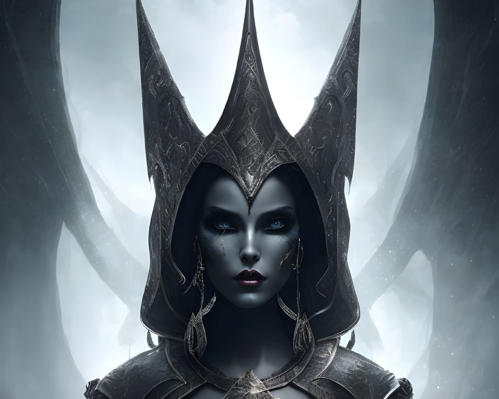 Blue-skinned female figure in dark armor with ornate headdress and piercing eyes.