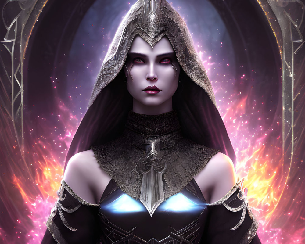 Purple-skinned fantasy character in black and silver armor against cosmic swirls.