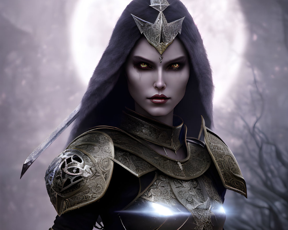 Fantasy dark sorceress in ornate armor with yellow eyes on moonlit background