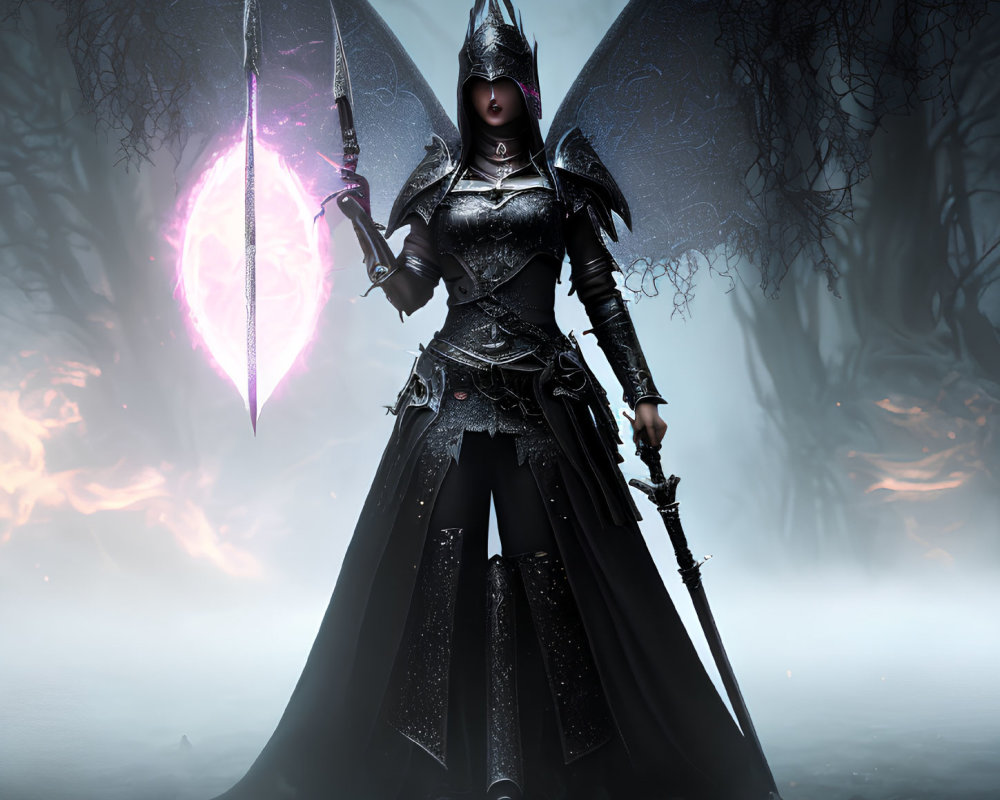 Armored warrior with wings and glowing pink staff in misty forest