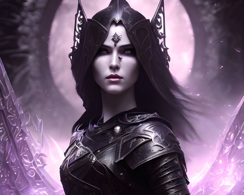 Dark-haired female fantasy character in silver armor and crown on mystical purple background with circular pattern.