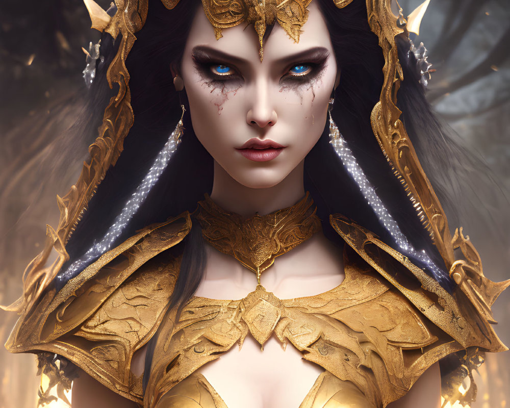 Majestic fantasy character with blue eyes and gold crown in mystical setting