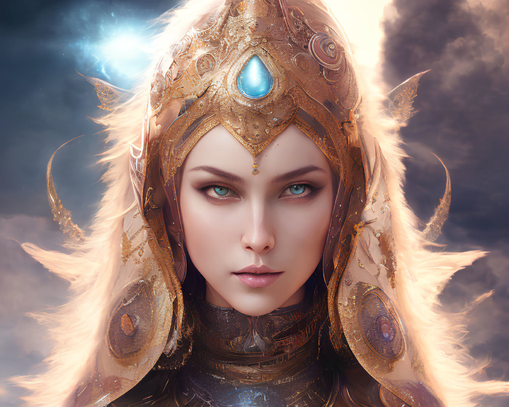 Digital artwork: Female character in golden armor with blue gem, stormy sky background