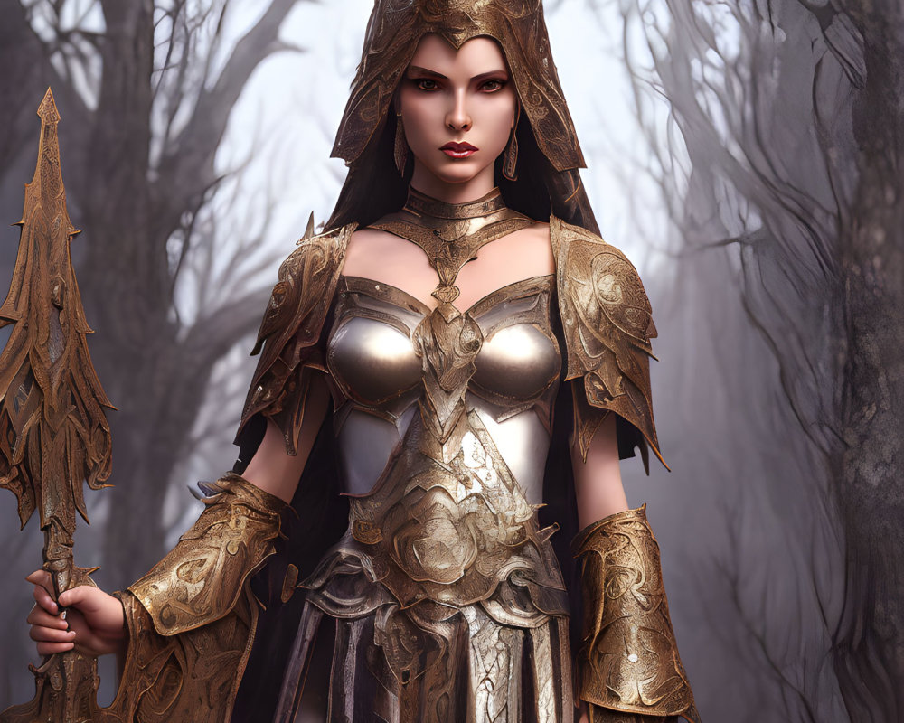 Female warrior in golden armor and regal helmet in misty forest