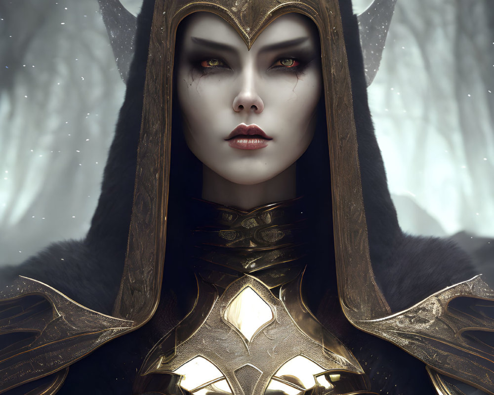 Female figure with red eyes, pale skin, and golden armor in snowy setting