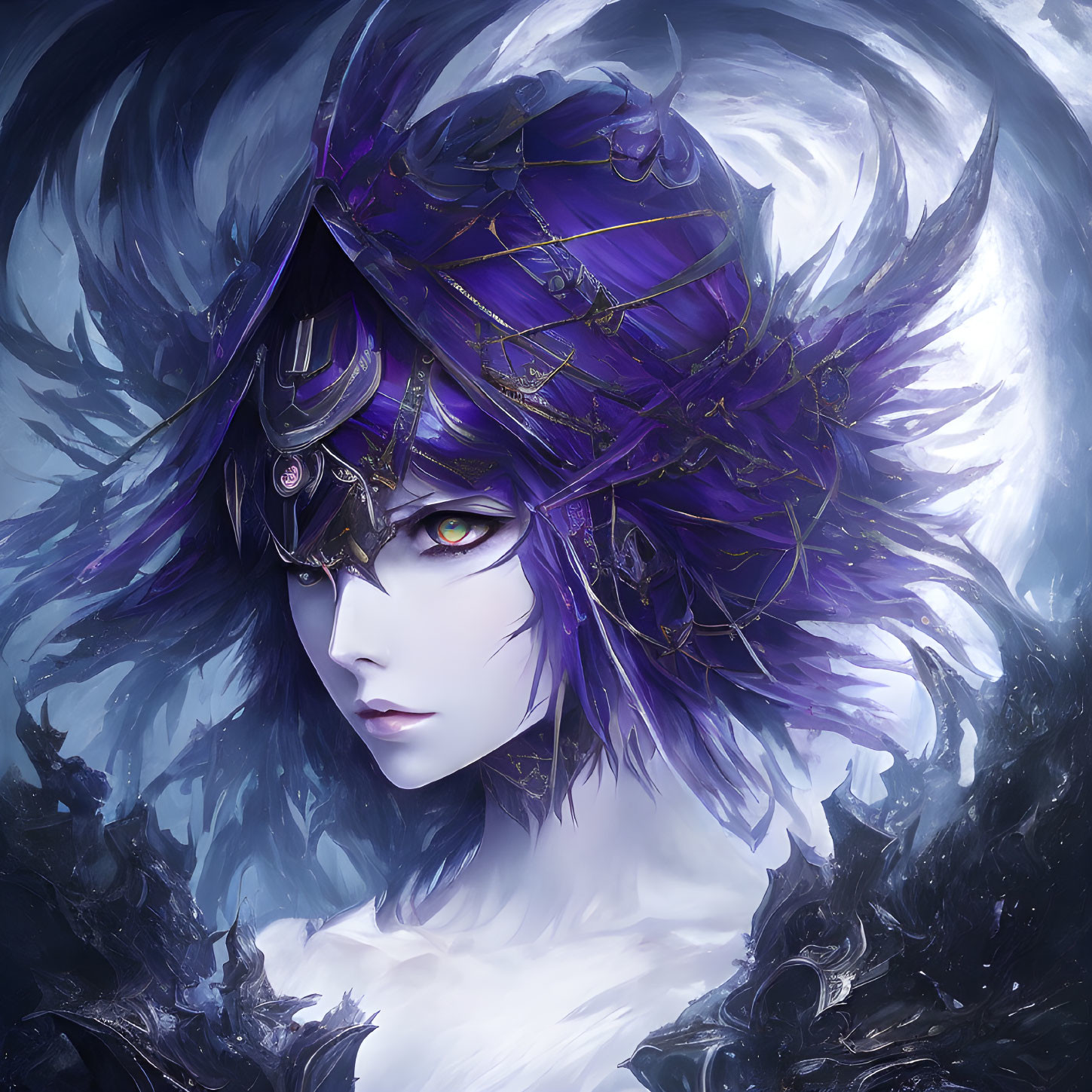 Mystical female figure with purple hair and green eyes in dark crown