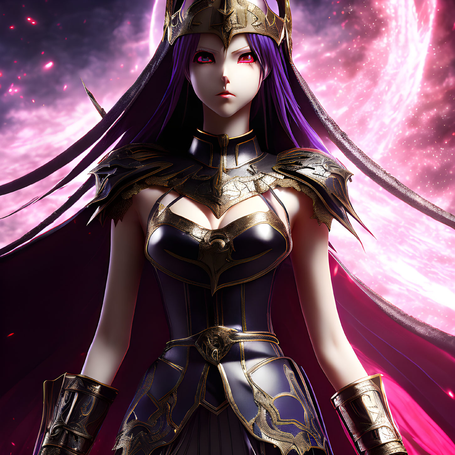 Purple-haired female anime character in ornate black armor on cosmic swirl background