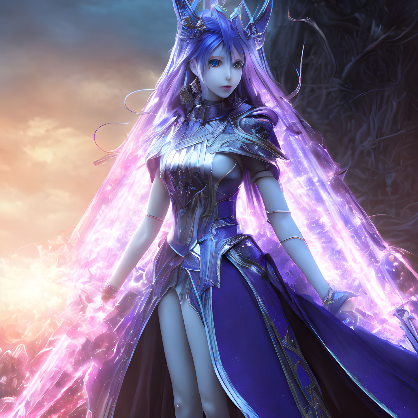 Fantasy female character with blue hair in purple and silver armor.