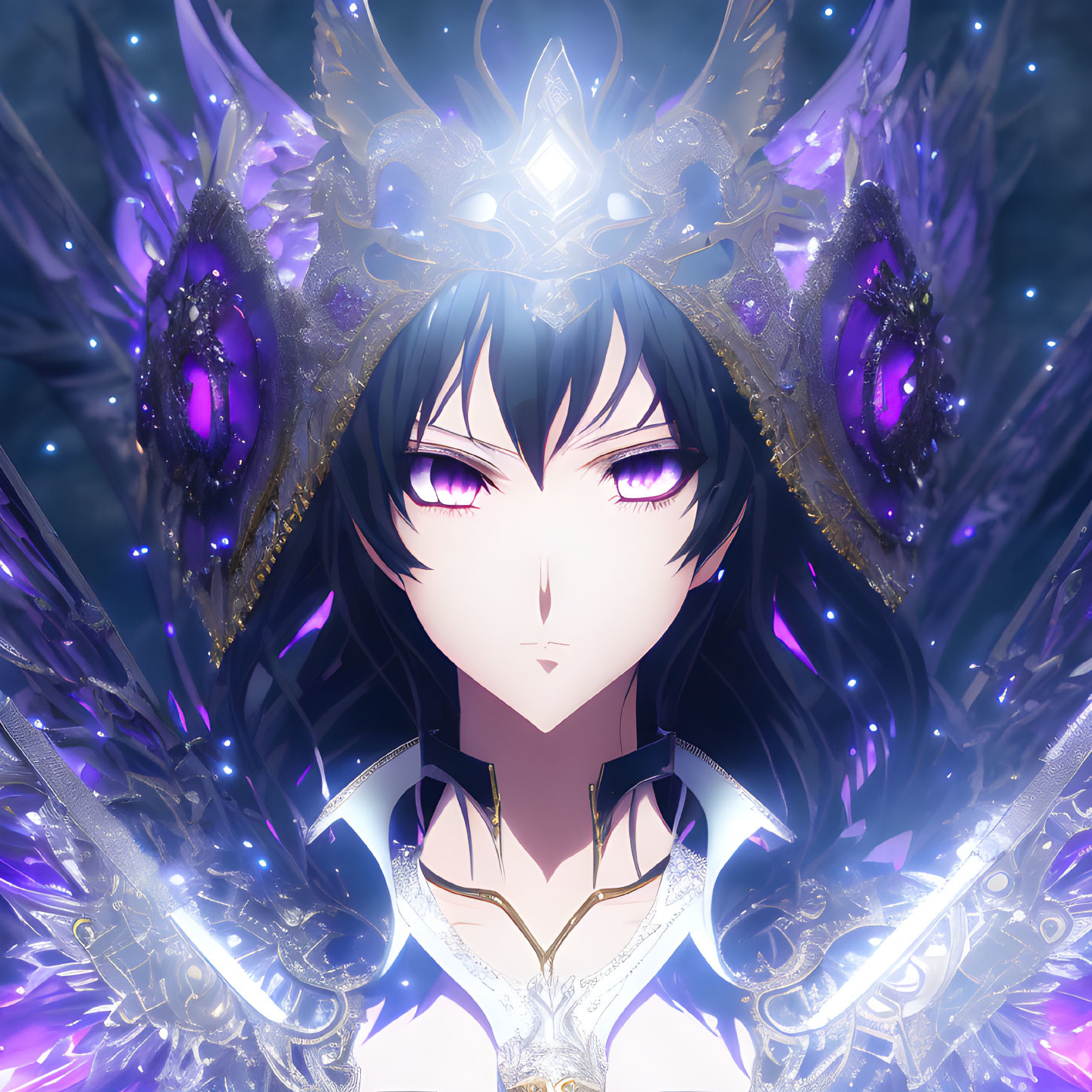 Illustrated character with purple eyes in grand crown and ornate shoulder armor on dark, starry background