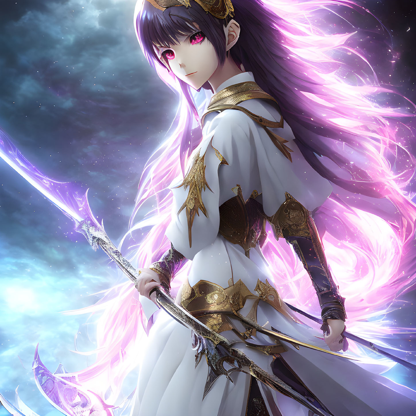 Animated warrior in white-and-gold armor with glowing spear in cosmic setting.