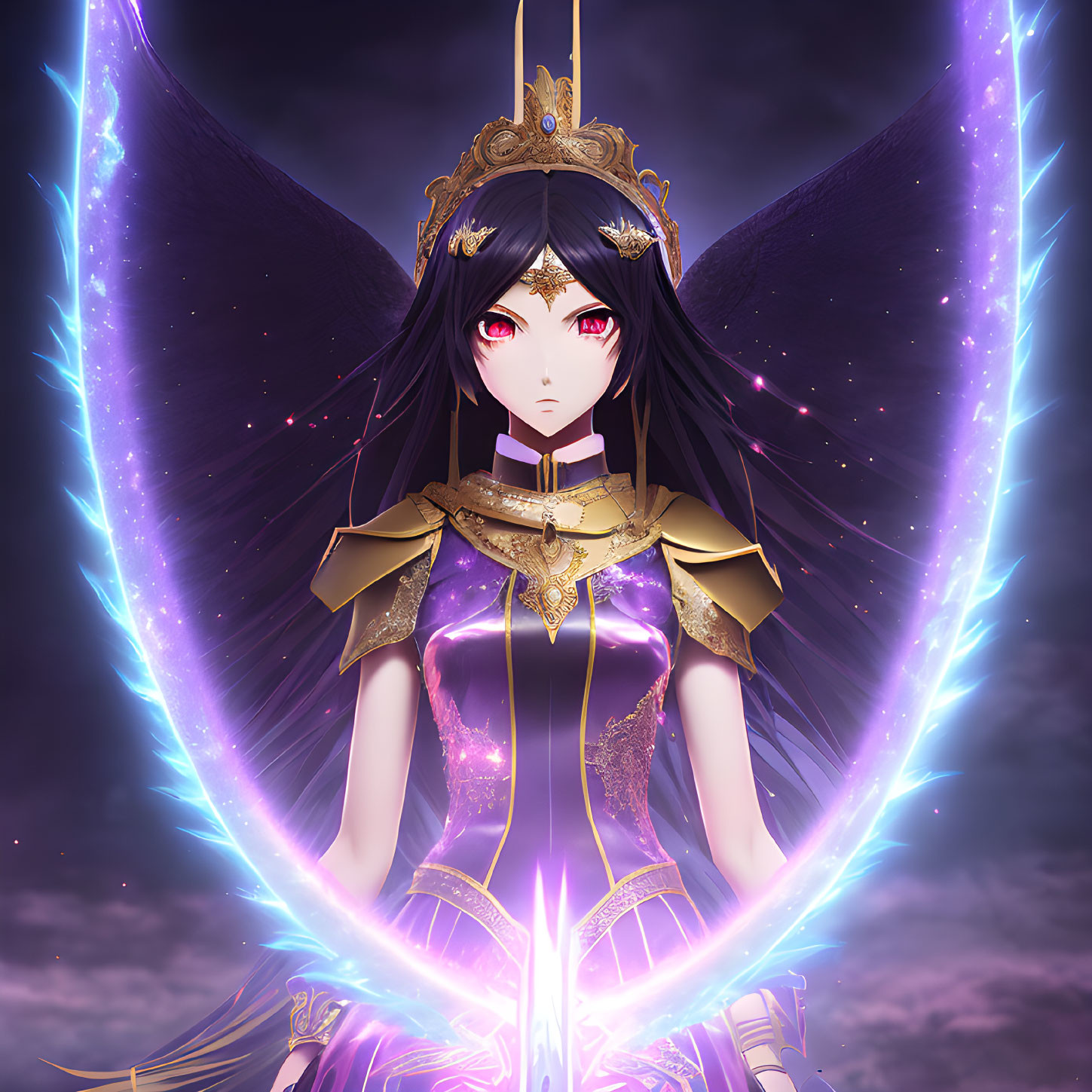 Dark-haired animated character in gold and purple outfit with purple eyes and glowing blue wings