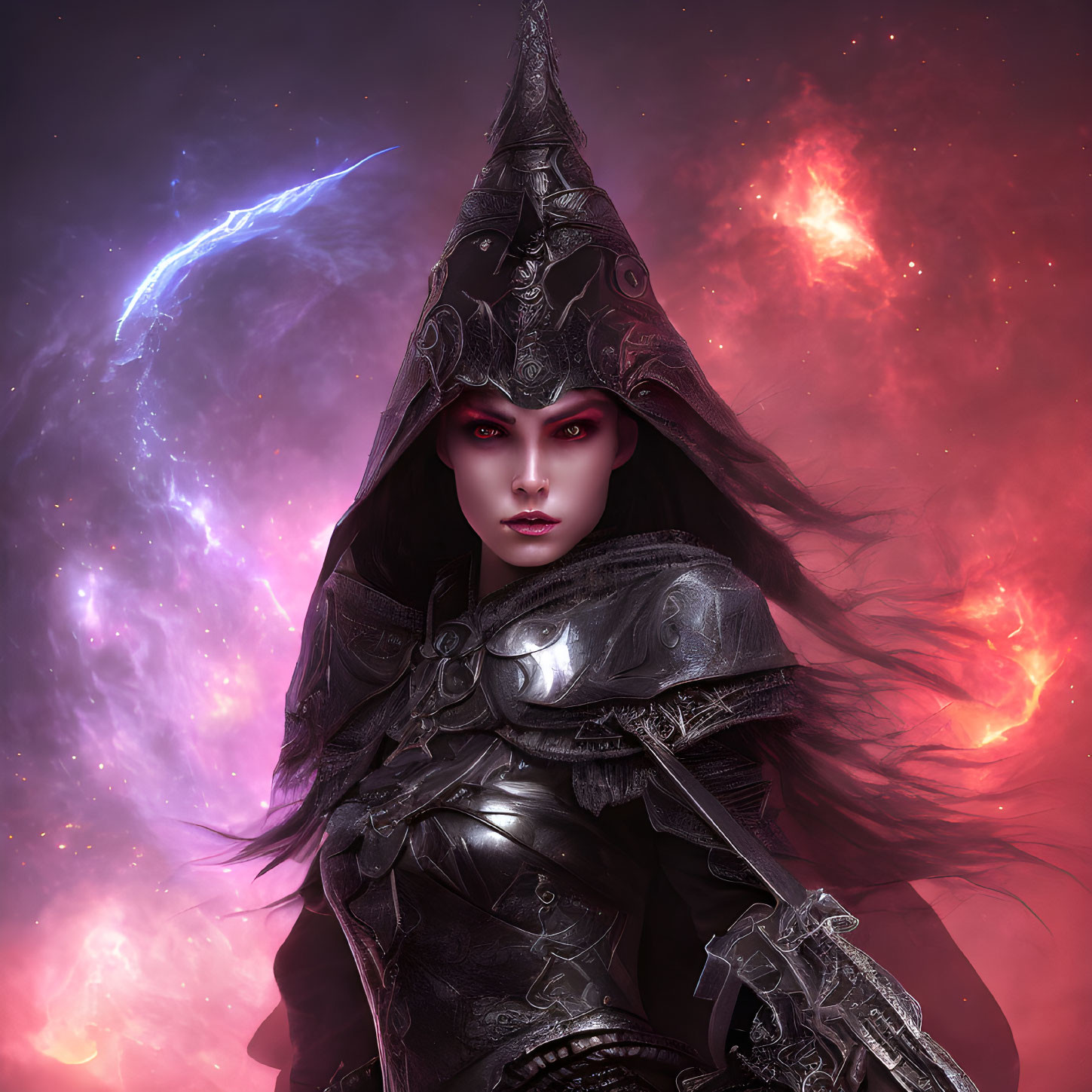 Fantasy female character in dark armor with pointed helmet against cosmic backdrop with blue lightning bolt