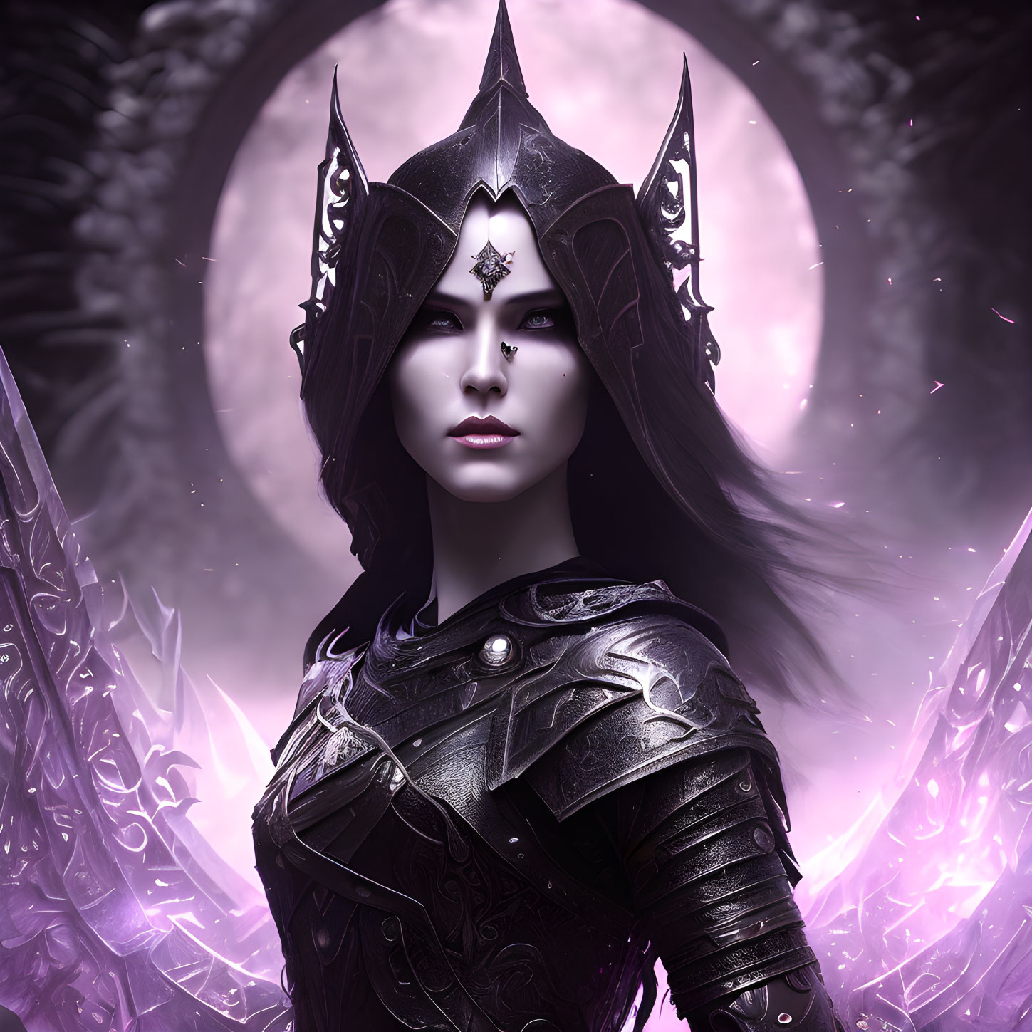 Dark-haired female fantasy character in silver armor and crown on mystical purple background with circular pattern.