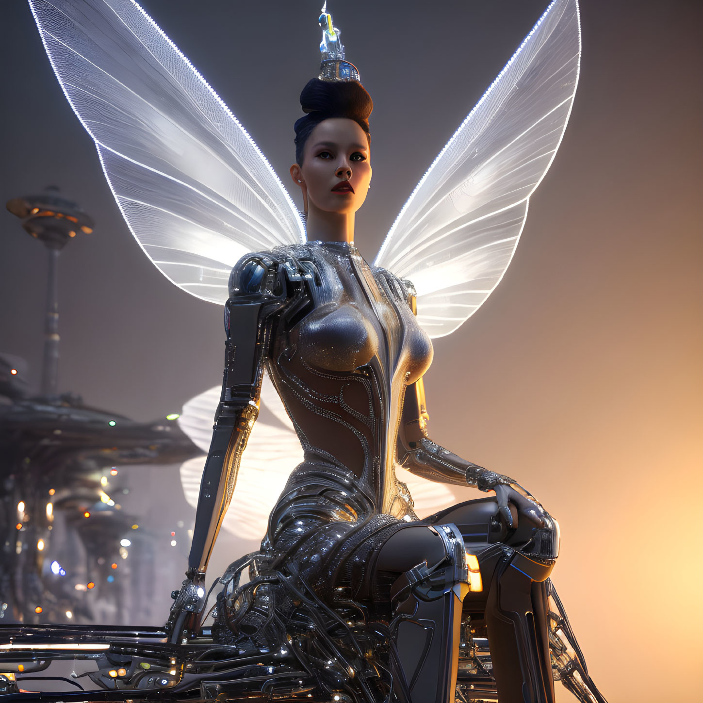 Futuristic robotic figure with transparent insect-like wings against urban skyline at dusk