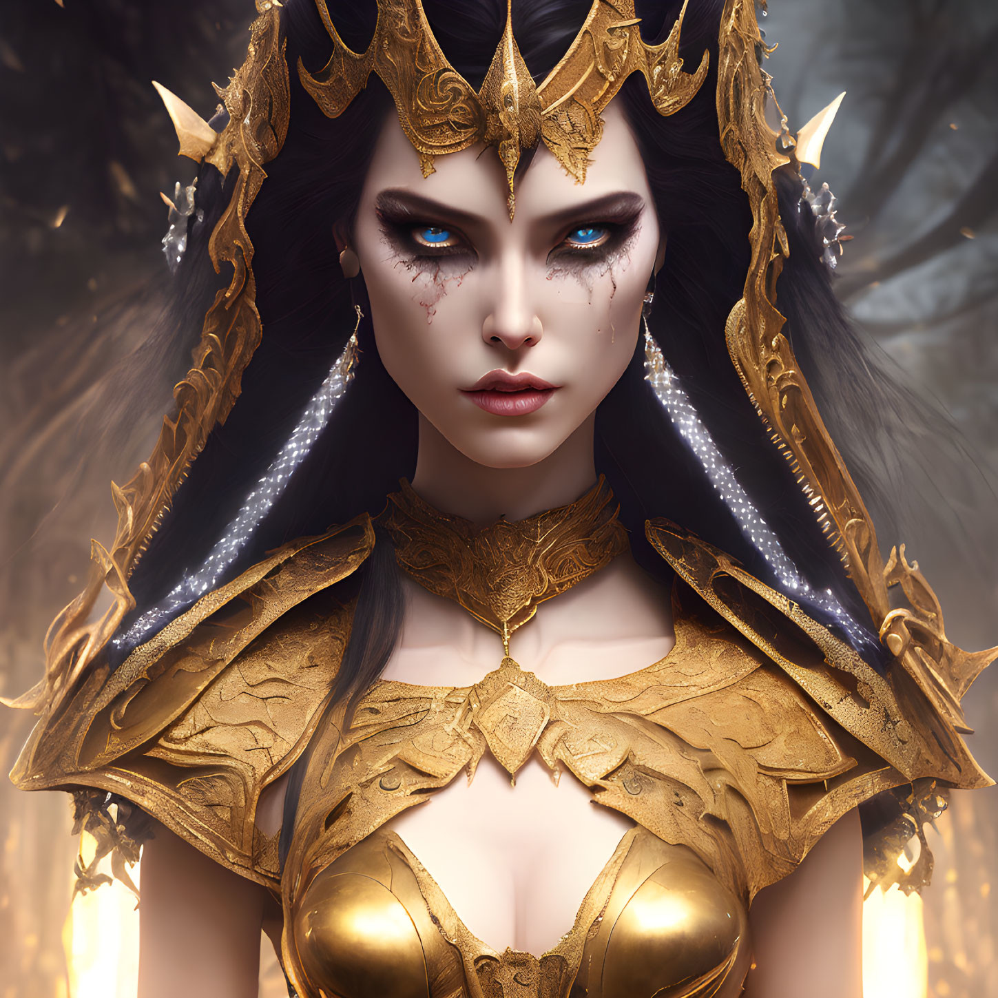 Majestic fantasy character with blue eyes and gold crown in mystical setting