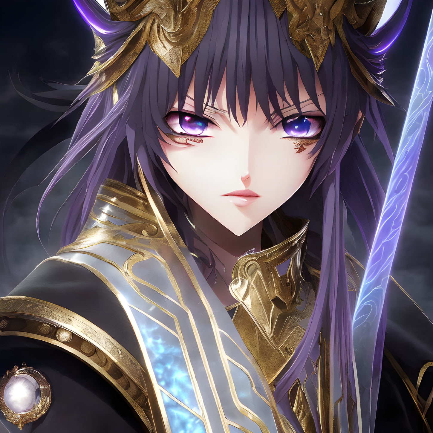 Regal character with purple eyes, golden crown, glowing blue markings, and intricate armor on dark backdrop