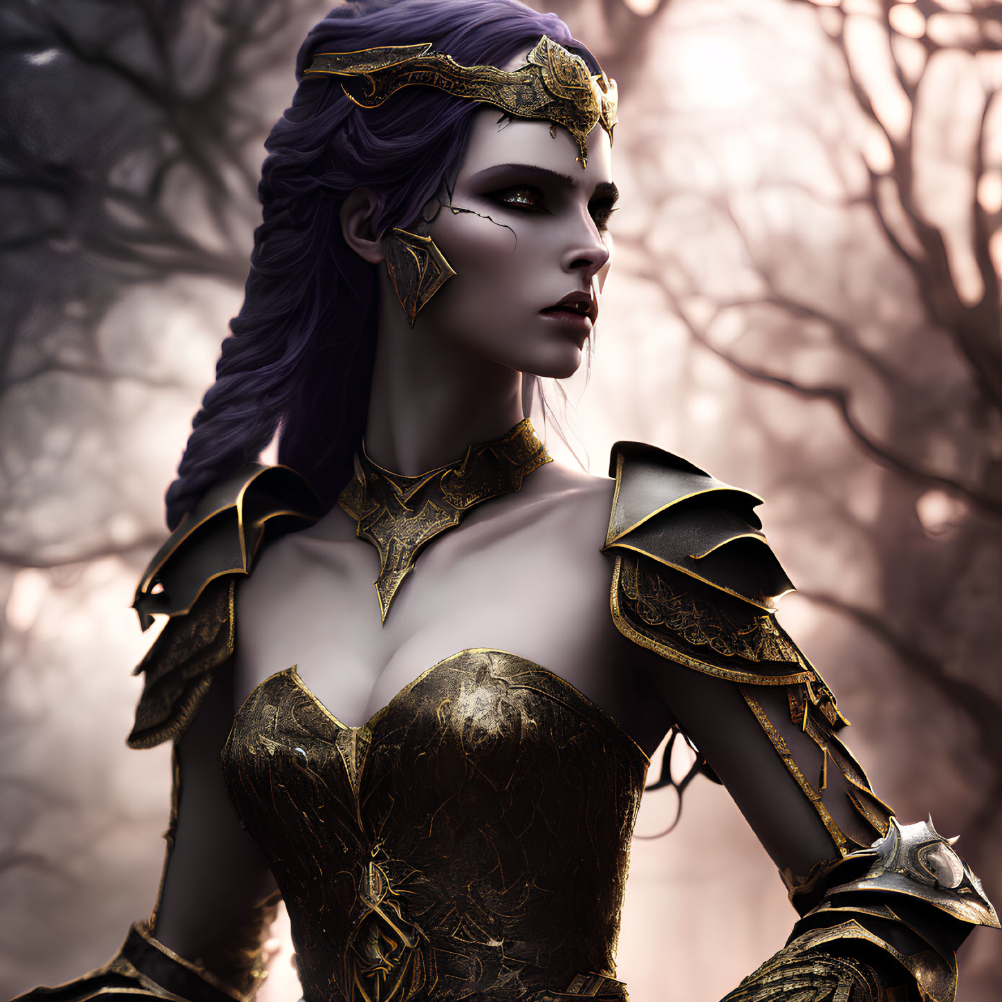 Fantasy Female Character with Purple Hair and Golden Armor in 3D Illustration