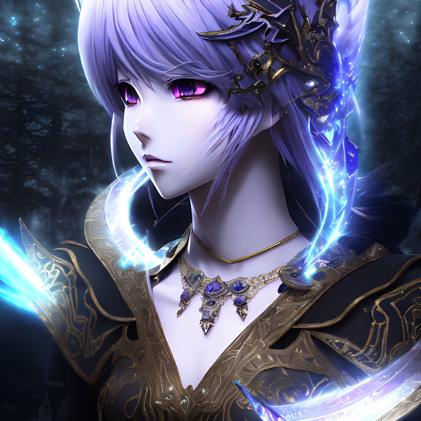 Illustrated female character in dark armor with violet eyes and glowing blue accents in shadowy forest.