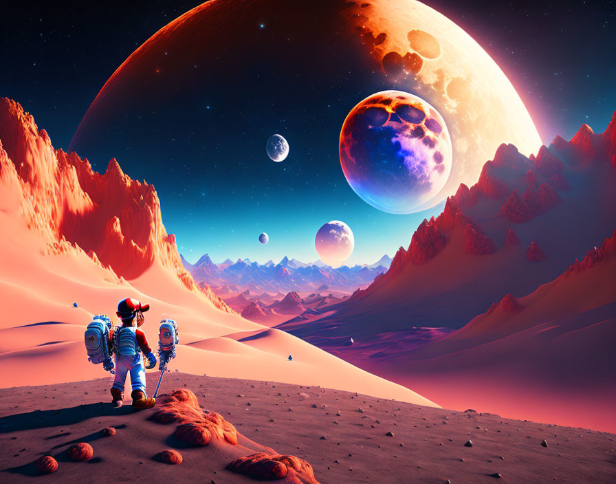 Astronauts, dog, alien desert planet, moons, ringed planet.