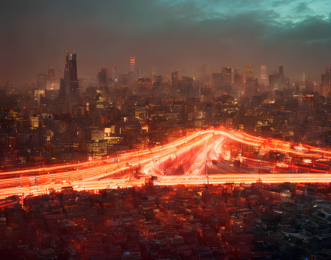 Urban night scene with red traffic light trails and illuminated skyscrapers