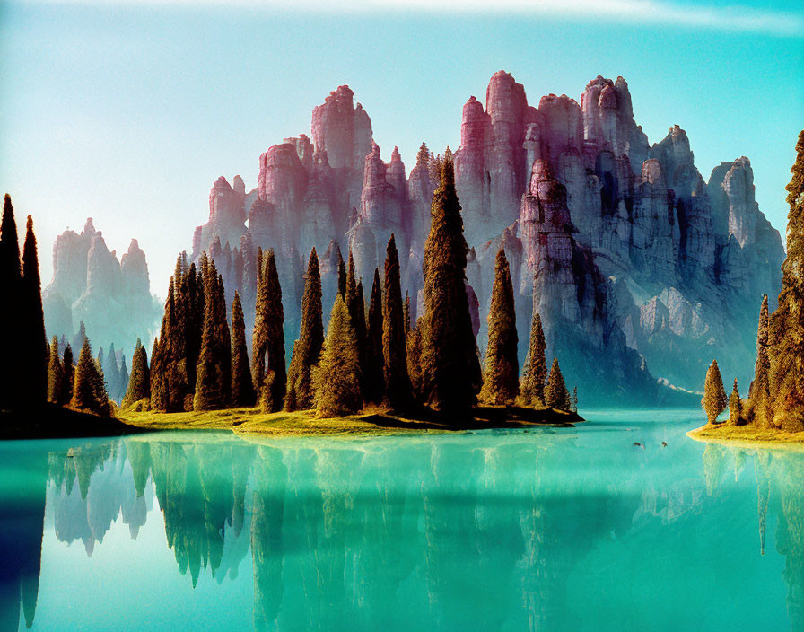 Tranquil lake mirroring rock formations and conifers under blue sky