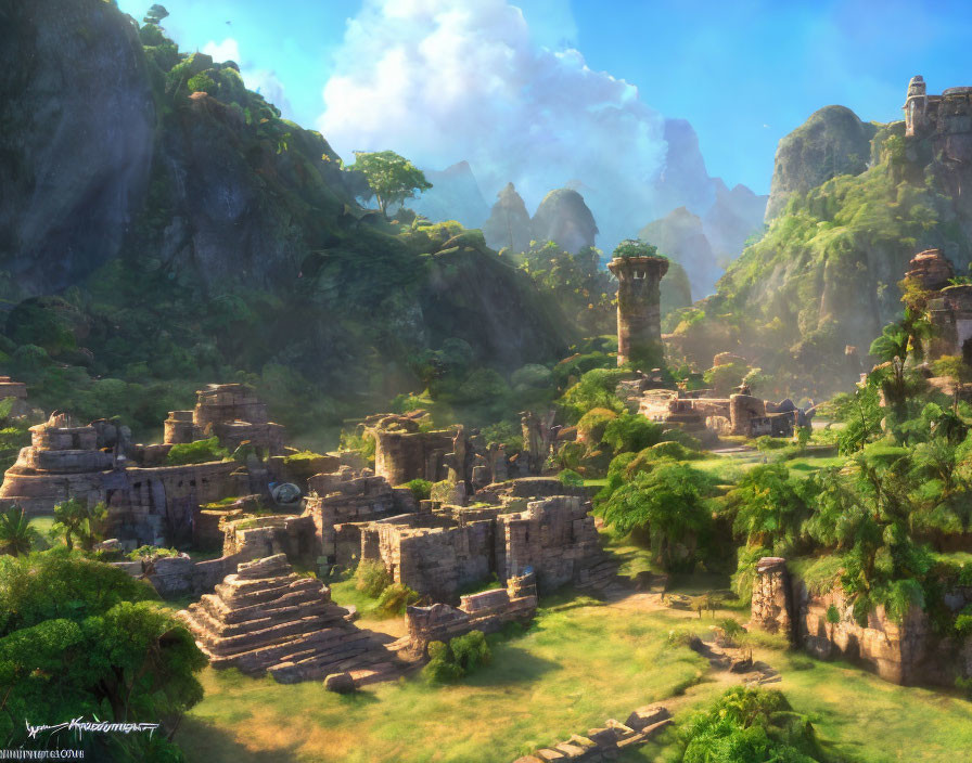 Sunlit landscape with ancient ruins in verdant jungle & mountains under hazy sky