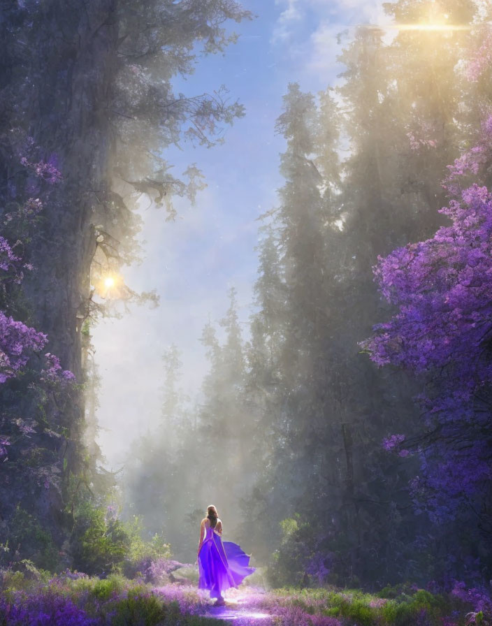 Person in flowing purple dress on forest path with purple flowers and misty trees.