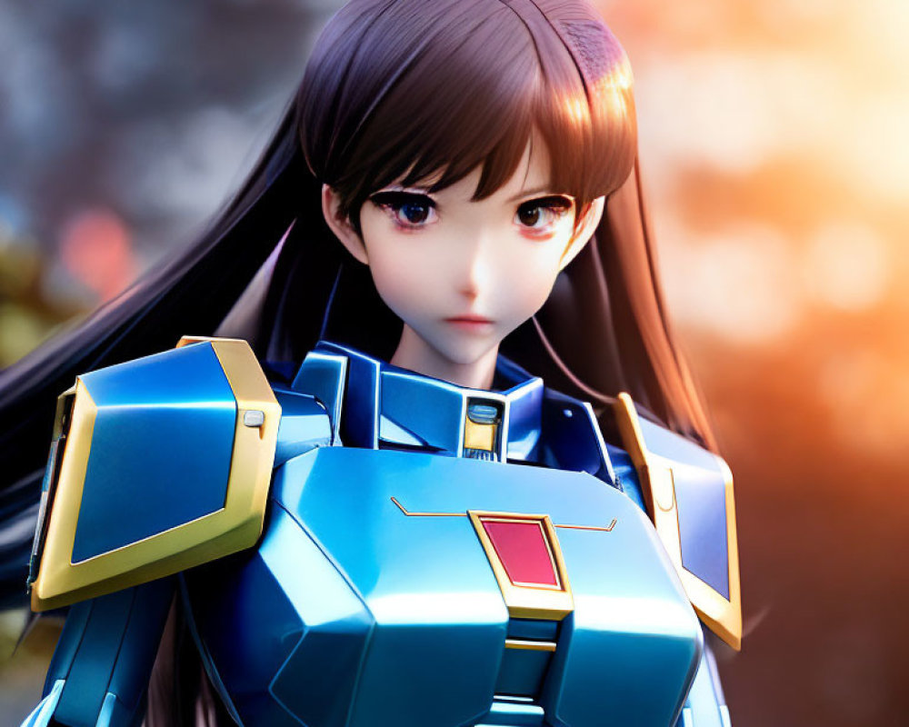 Female anime character in blue mech suit with long hair in 3D render