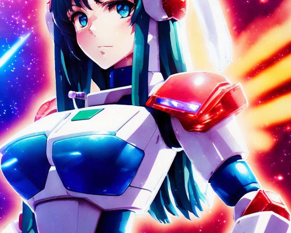 Anime-style illustration: Girl with green hair in white and blue mecha suit on cosmic background