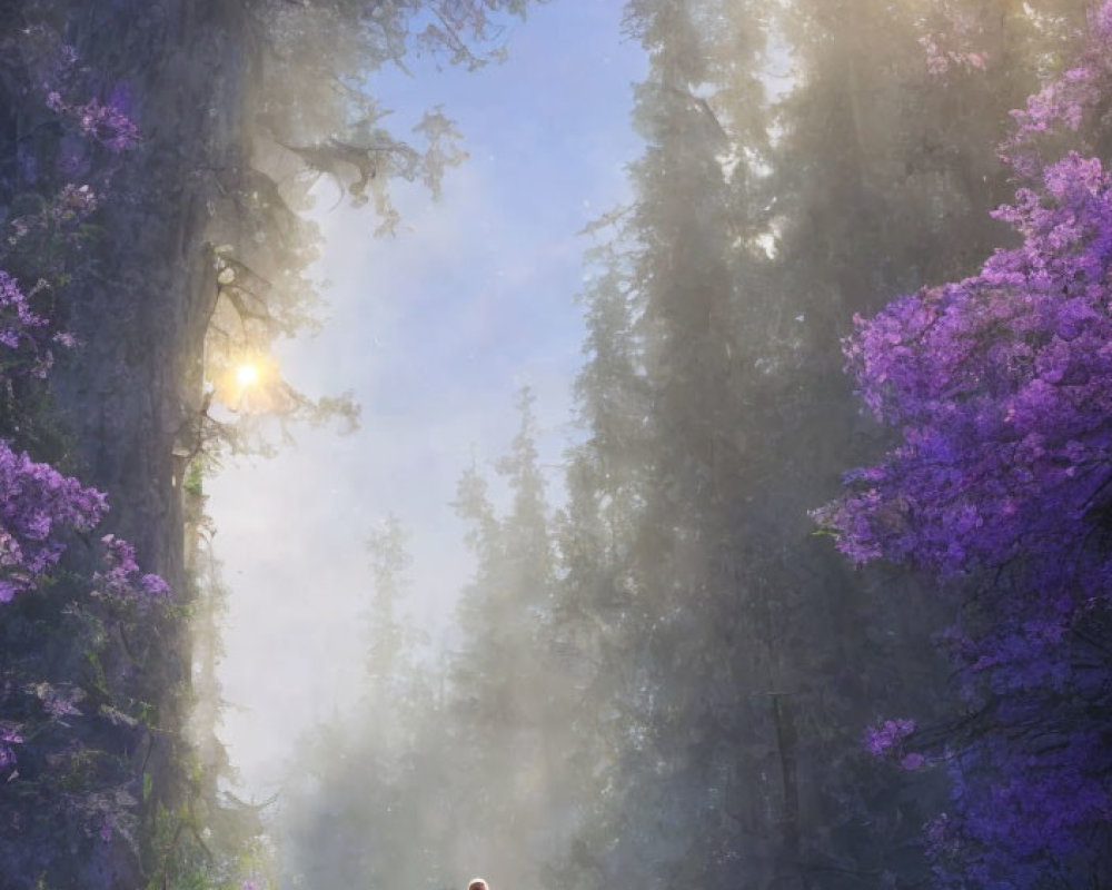 Person in flowing purple dress on forest path with purple flowers and misty trees.