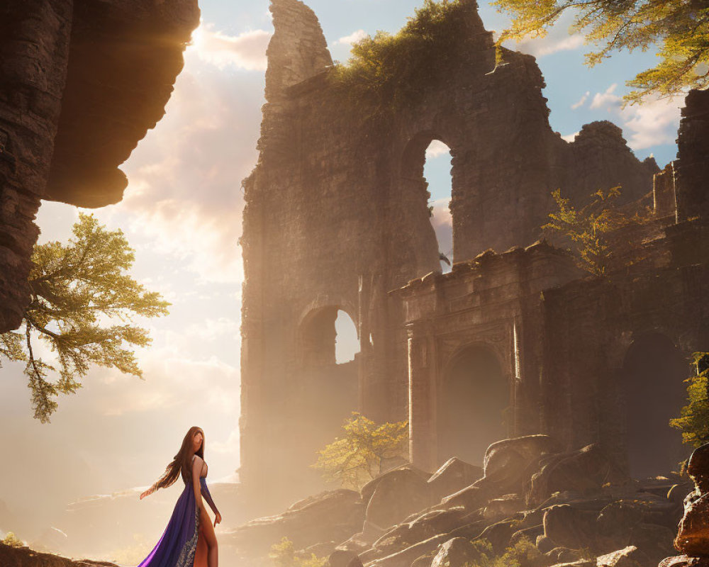 Woman in flowing dress among ruins in mystical forest with sunlight.