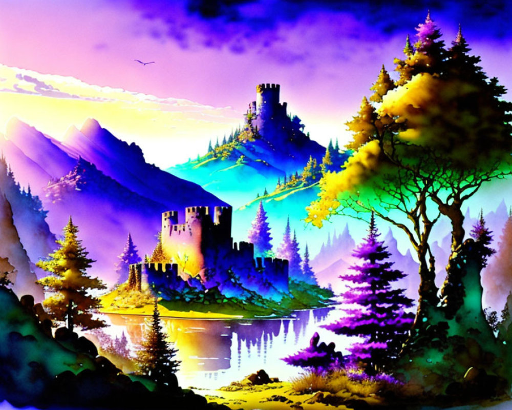 Fantasy landscape with two castles, mountains, trees, and lake under purple and yellow sky