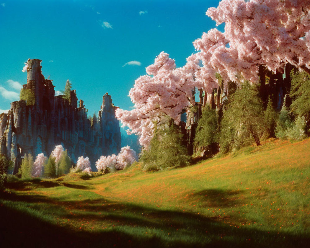 Scenic landscape with pink flowering trees and rock formations